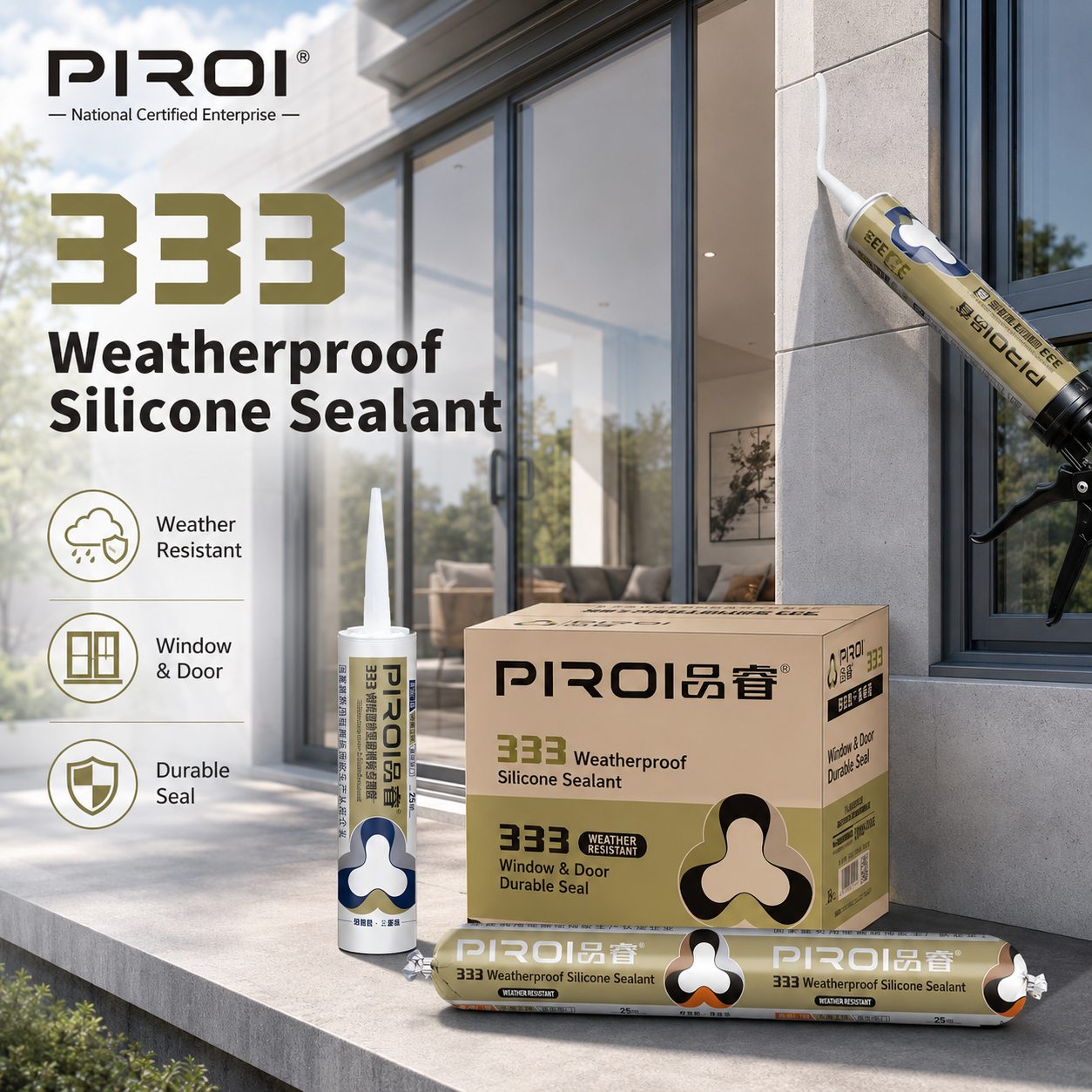 PR-333 Weatherproof Silicone Sealant for Window and Door — silicone sealant application by PIROI