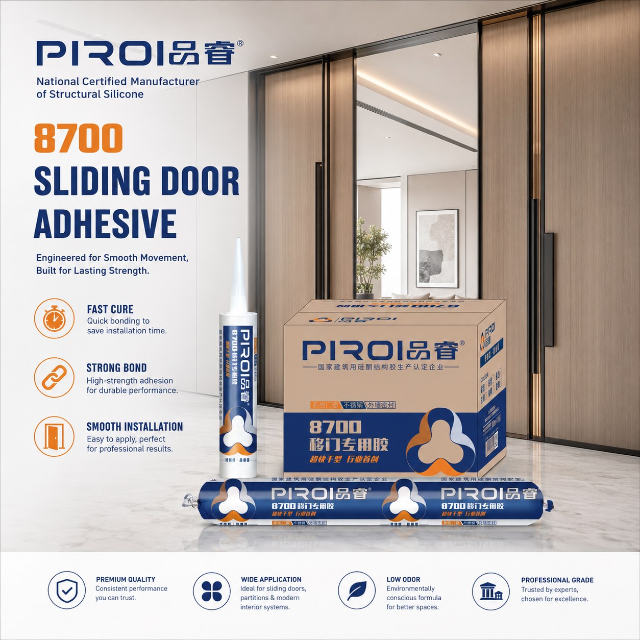 PR-8700 Fast Cure Silicone Sealant for Sliding Doors — silicone sealant application by PIROI